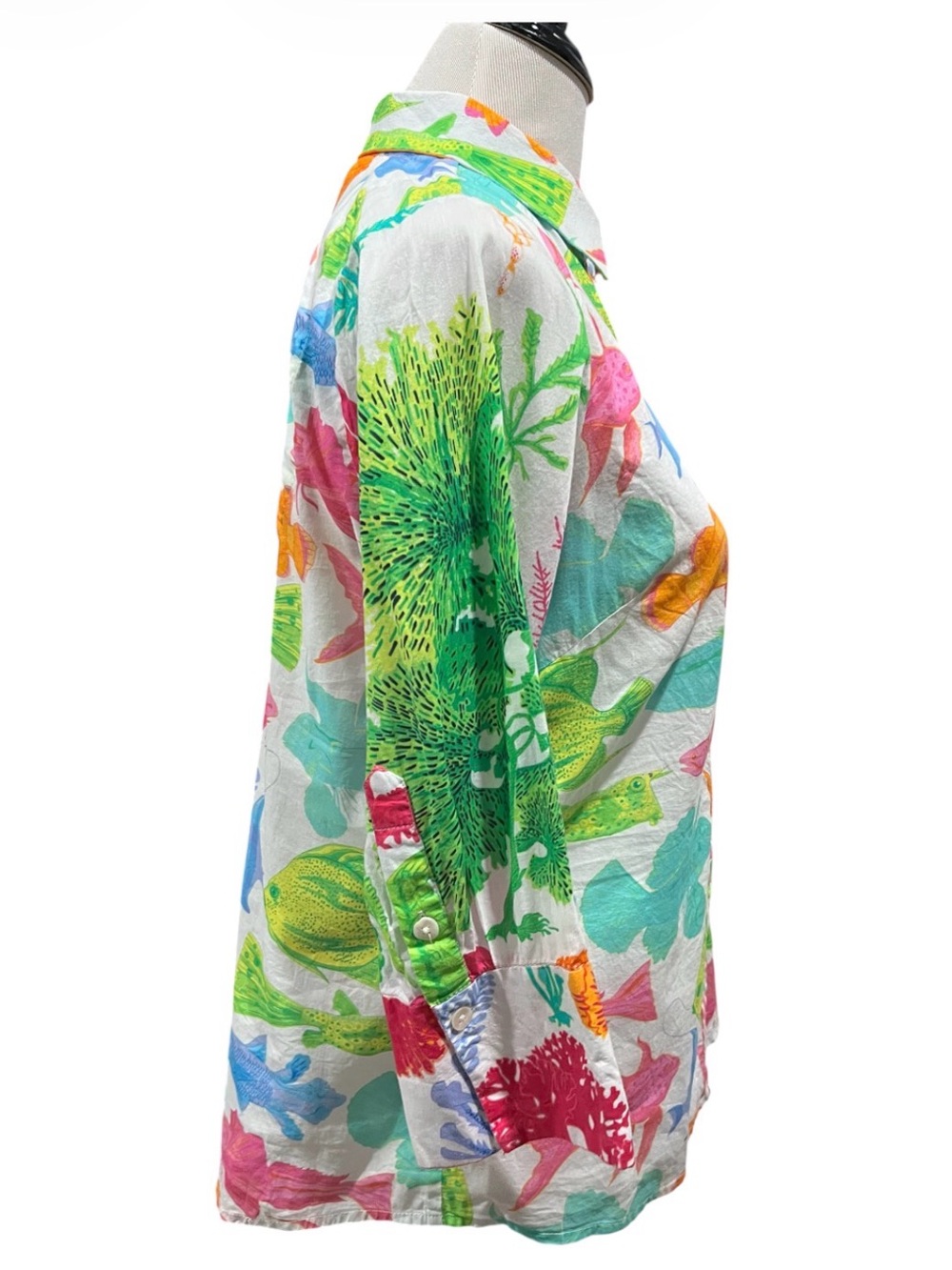 Gretchen Scott "What A Catch" Bright Fish Print Boyfriend Shirt Size Medium - Picture 3 of 5